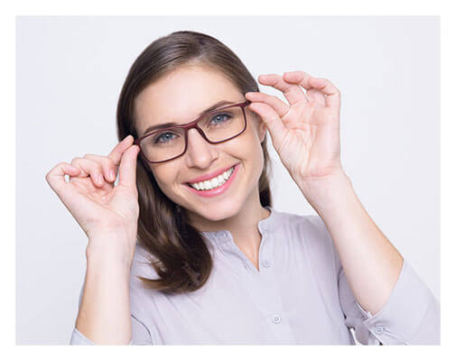 Woman wearing Dietz-McLean Optical specialty petite fit glasses